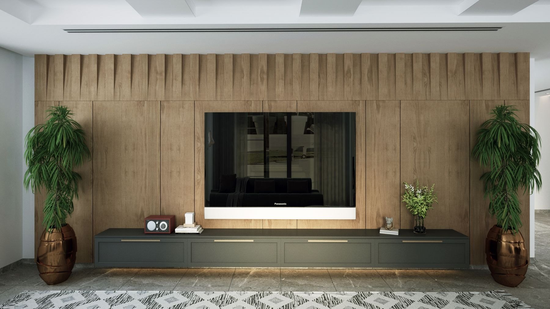 Wall-mounted television integrated into a warm wood-paneled living room